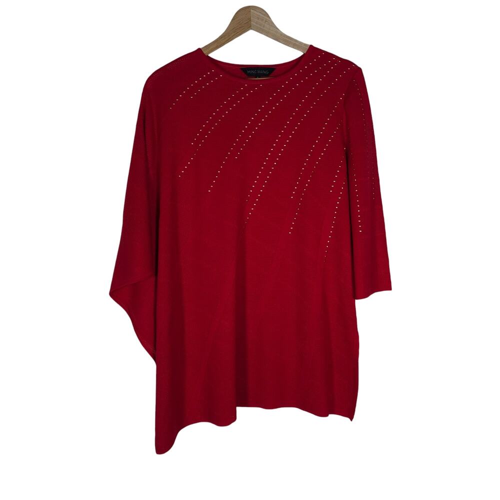Ming Wang Womens Sweater Small Red Studded 3/4 Sleeve Batwing Tunic Pullover